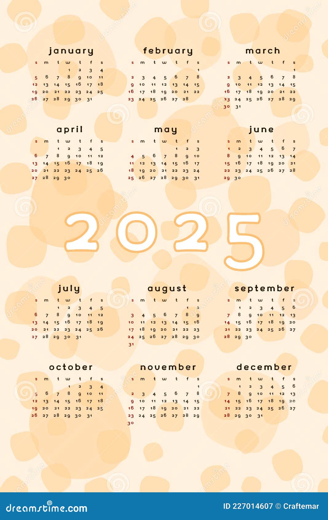 Orange 2025 Calendar Template. Vertical Format Abstract Background with