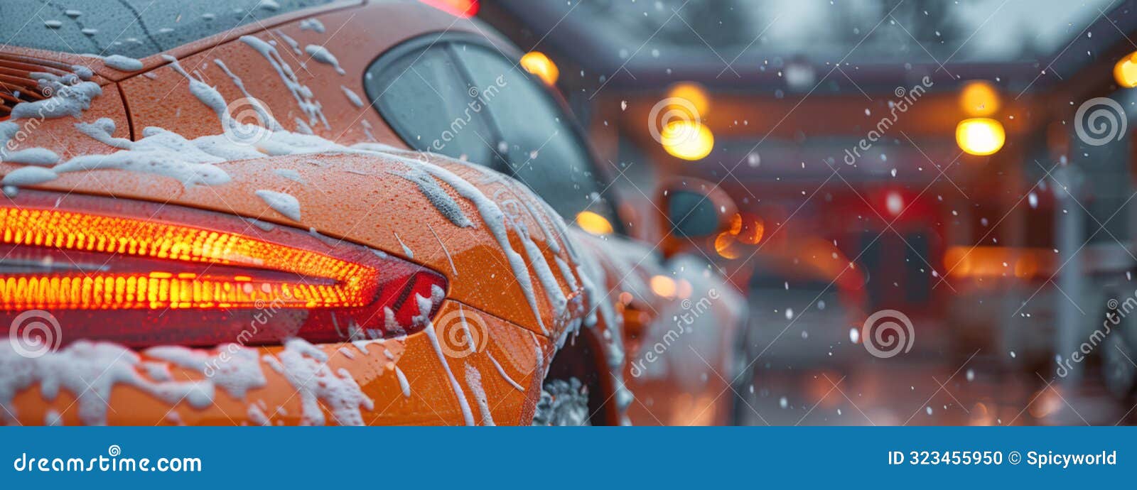 an orange car is being washed at an automatic car wash, covered in soapy water
