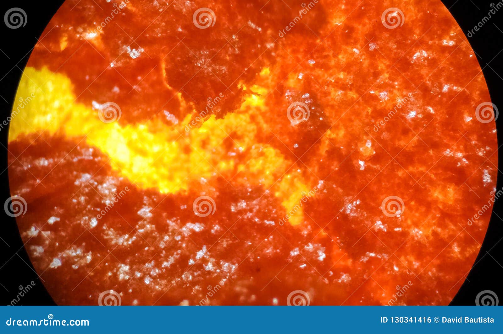 orange chemical substance, ferrocene, under a microscope