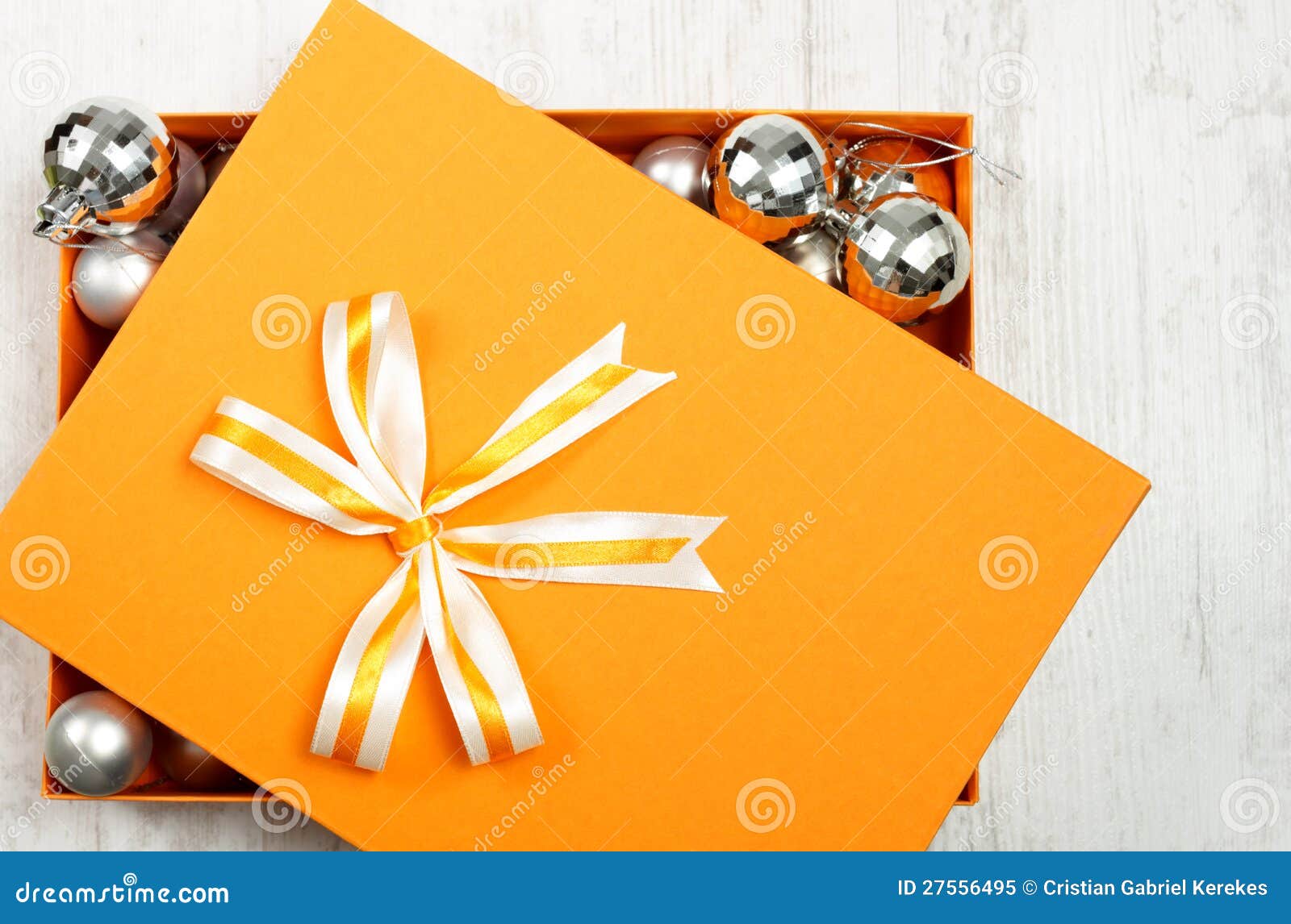 Orange Christmas Gift Box Filled with Baubles Stock Image Image of