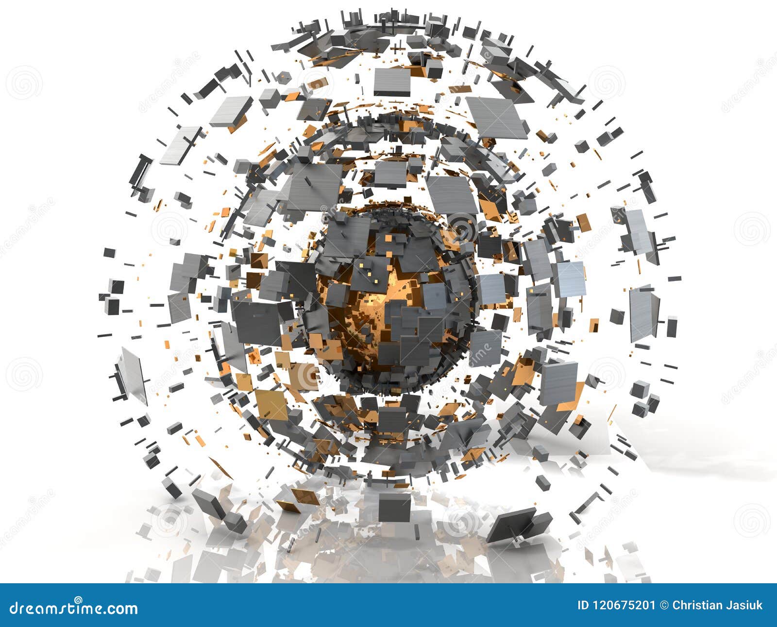 Orange Chrome 3D Earth Metal Sphere Explosion Stock Illustration