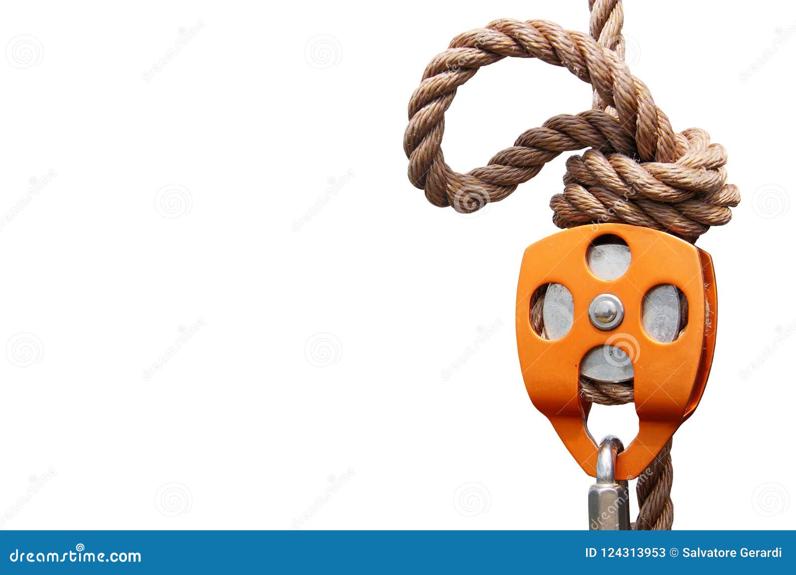 Orange Climbing Pulley with Rope and Carabiner Stock Image Image of