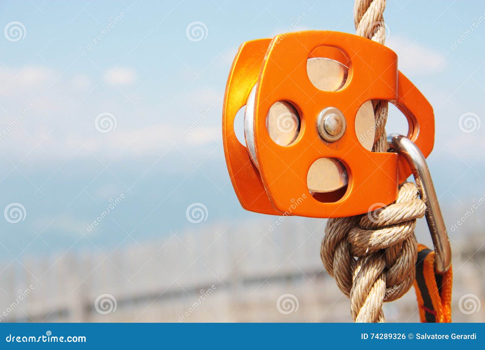 Orange Climbing Pulley with Rope and Carabiner Stock Photo Image of
