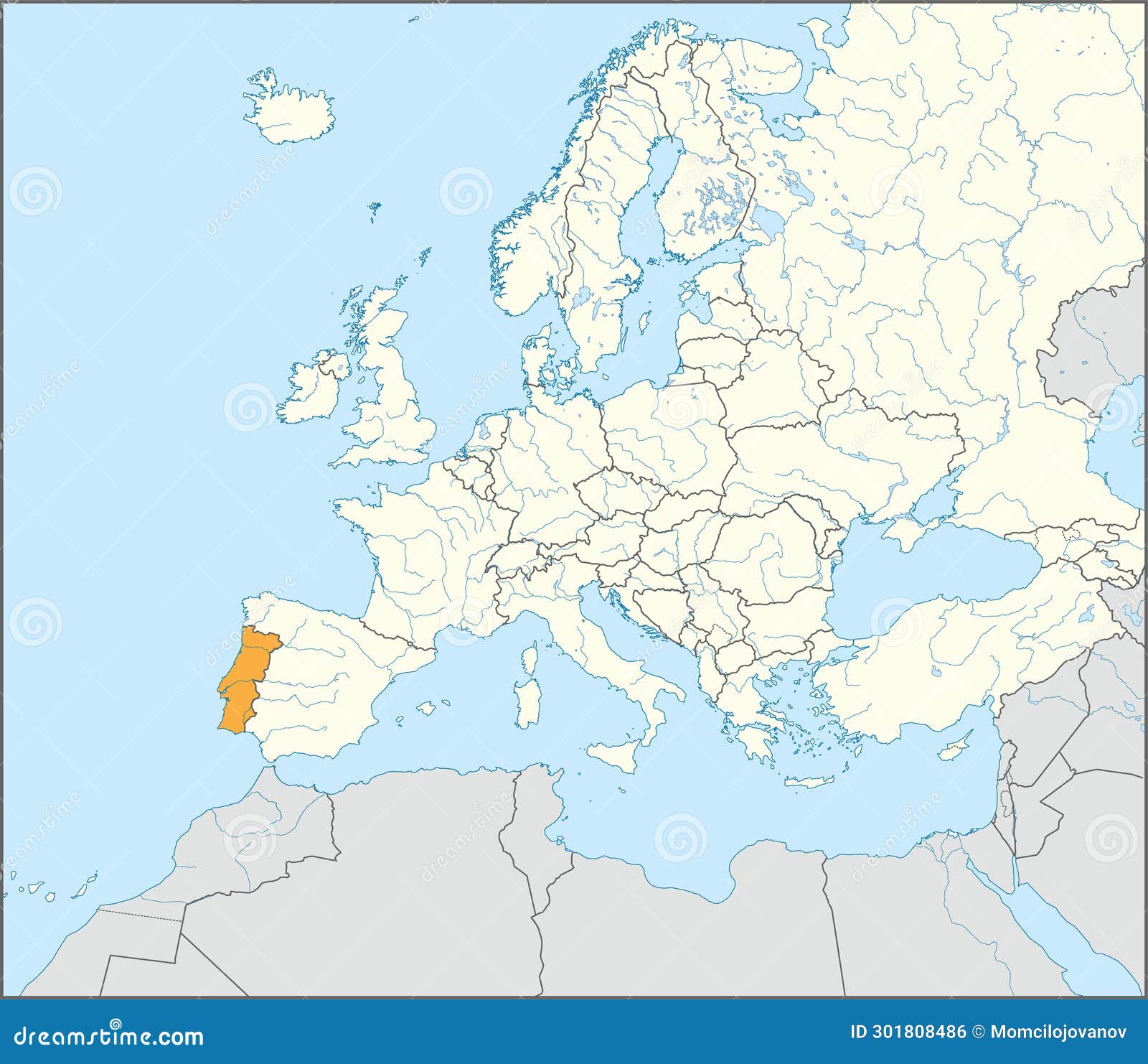 Location Map of the PORTUGUESE REPUBLIC, EUROPE Stock Vector