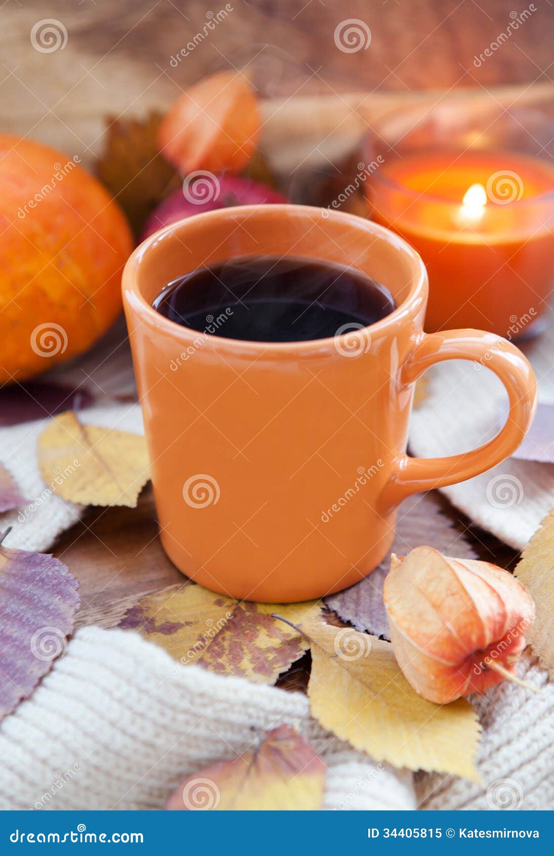 Orange Coffee Cup On The Autumn Fall Leaves Royalty Free Stock Photo