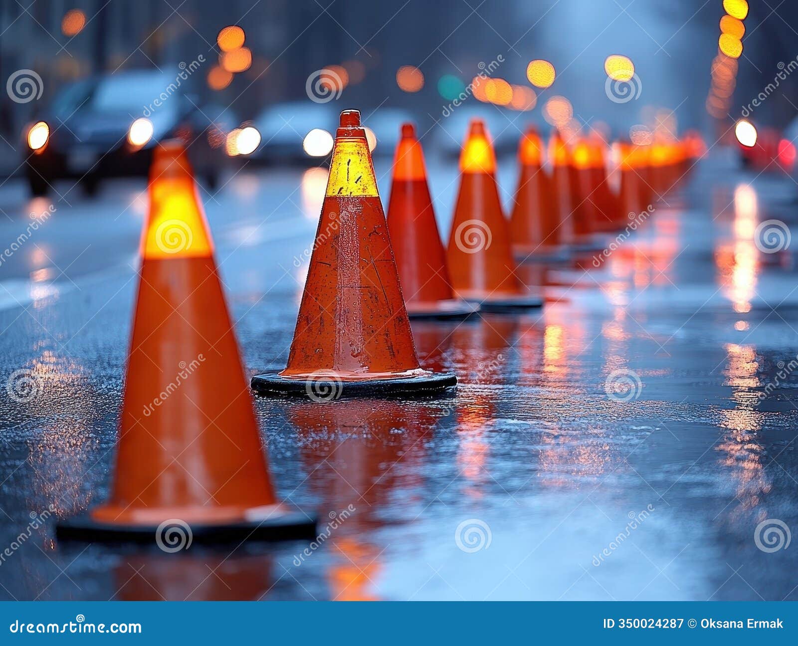 orange cones wet road safety  line parking warning caution rain