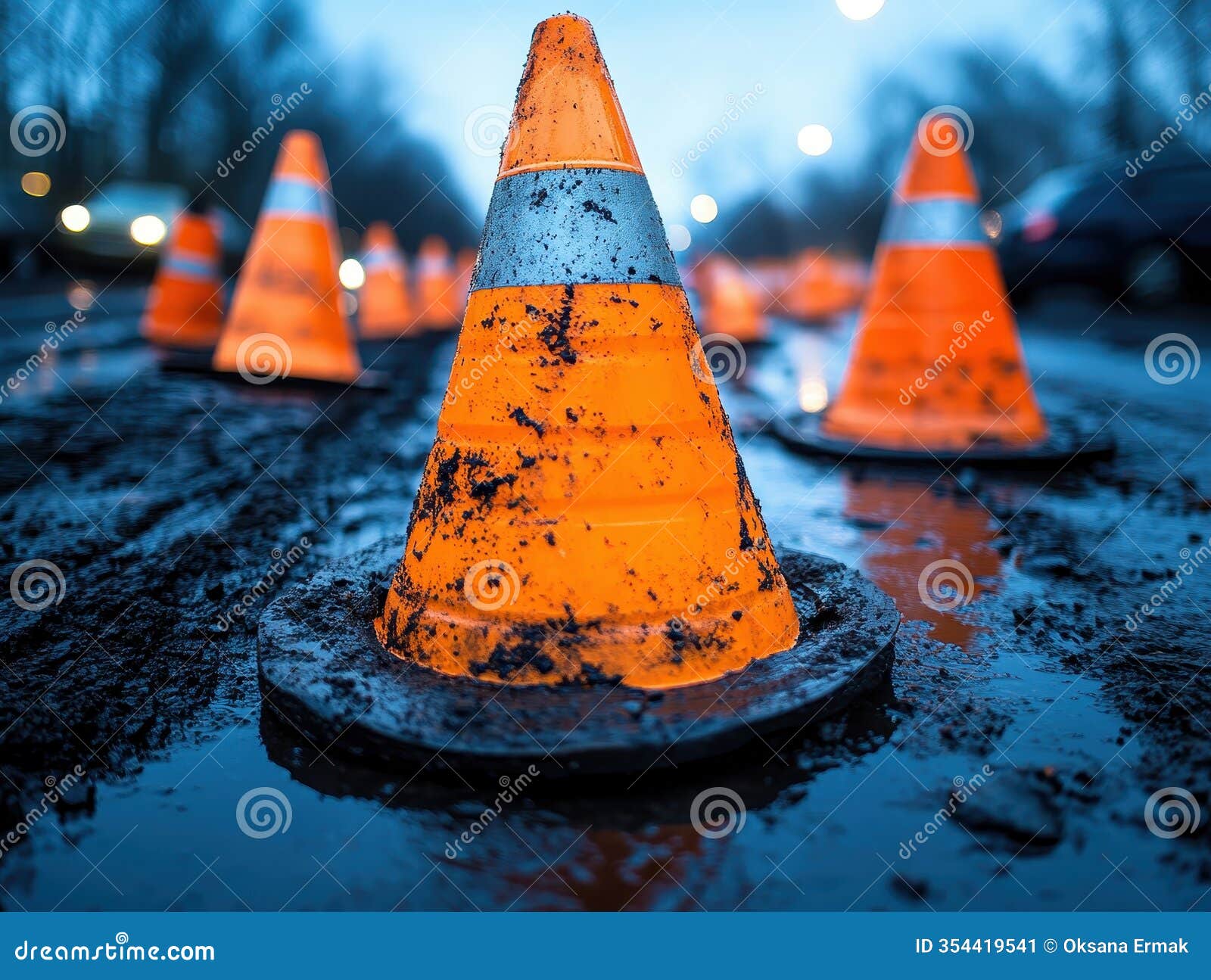 orange cones wet road safety  line parking warning caution rain