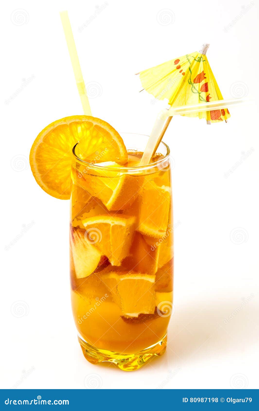Orange Cooler Cocktail with Drinking Straw on White Background Stock
