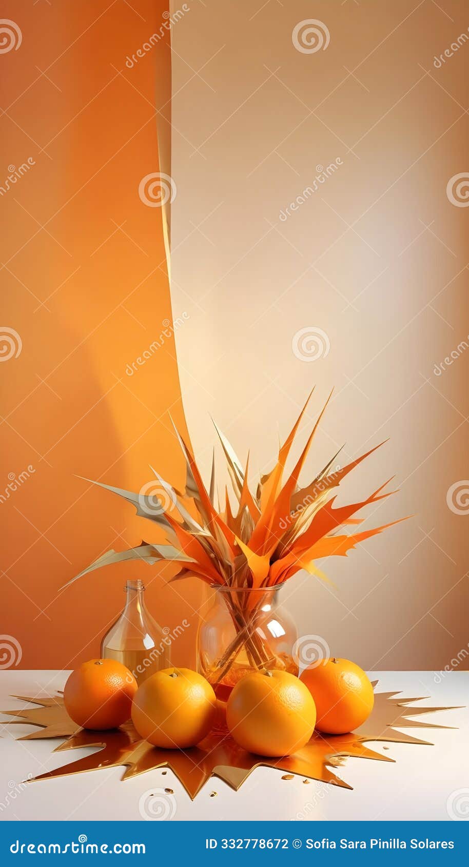 orange and cream still life with vase, dried plants, oranges, and candle
