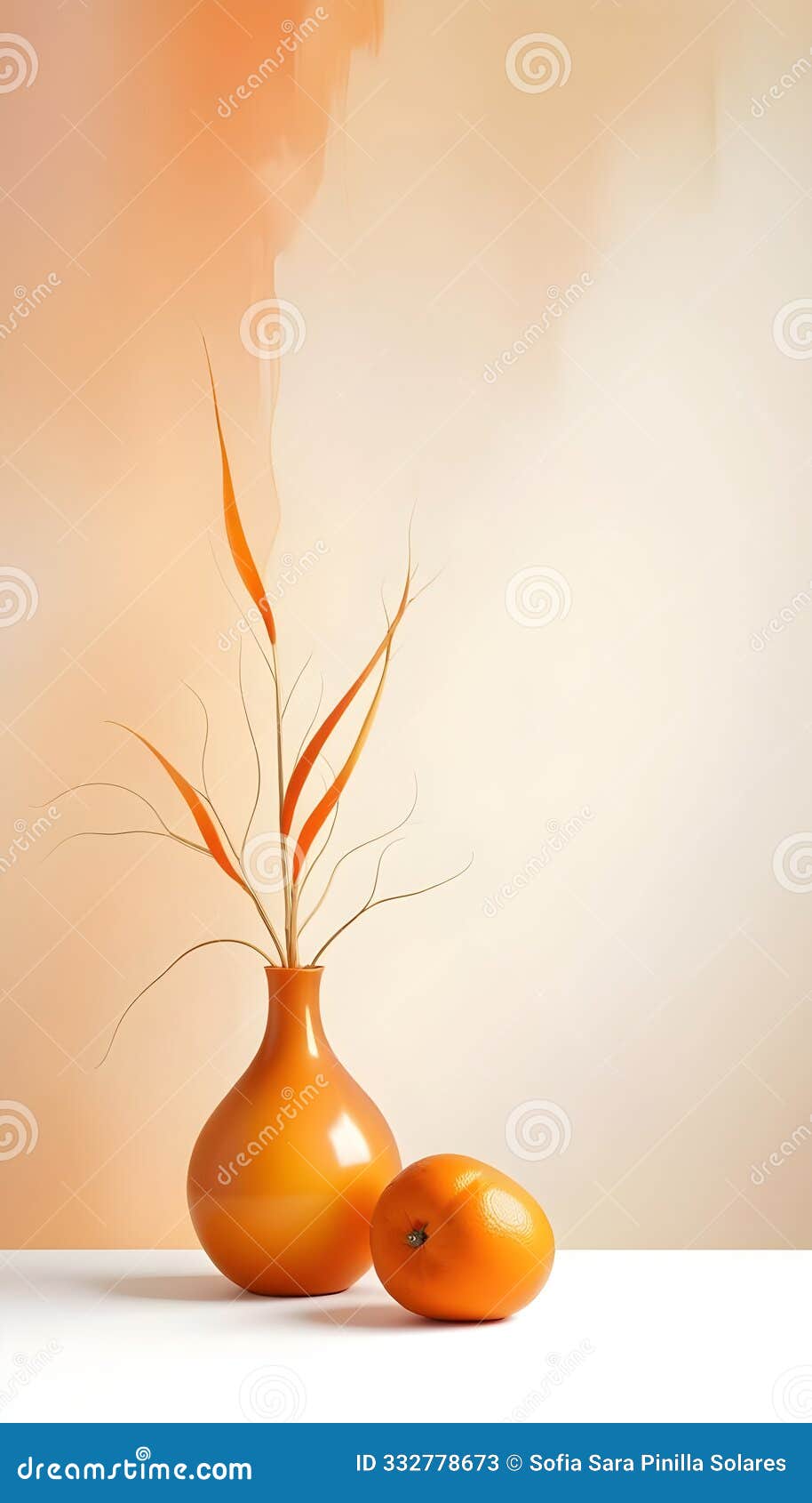 orange and cream still life with vase, dried plants, oranges, and candle