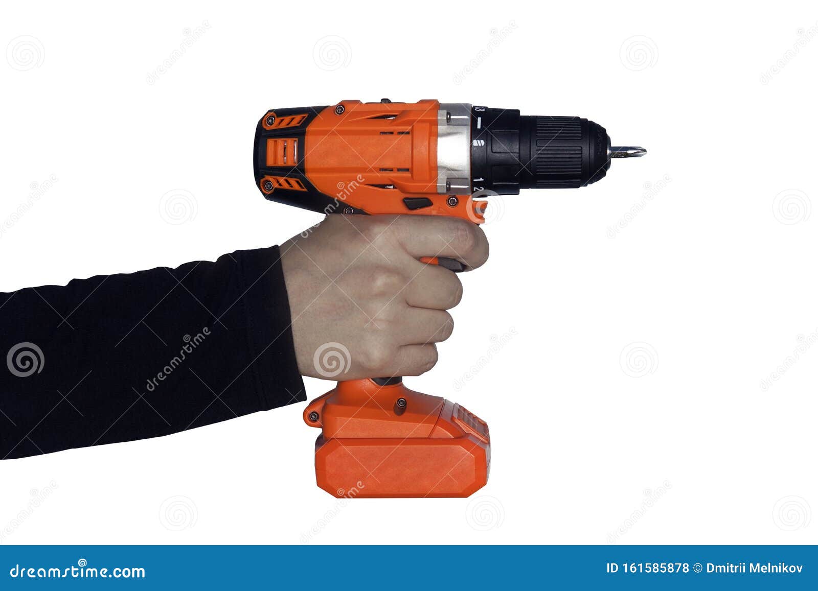 Orange Drill in Hand Isolated. White Background. Tightening the Screws ...