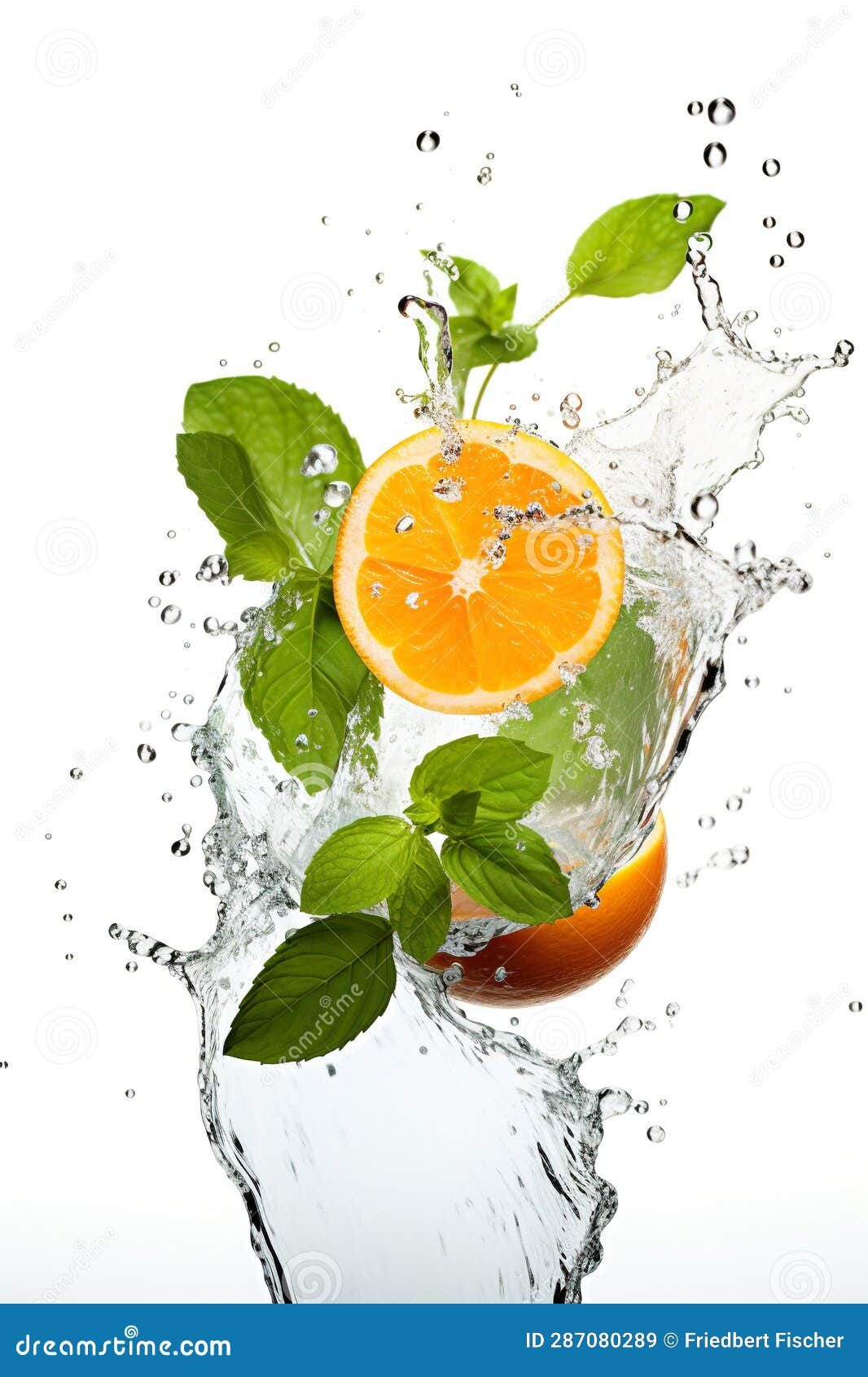 An Orange is Falling into the Water with a Splash. Digital Image. Stock
