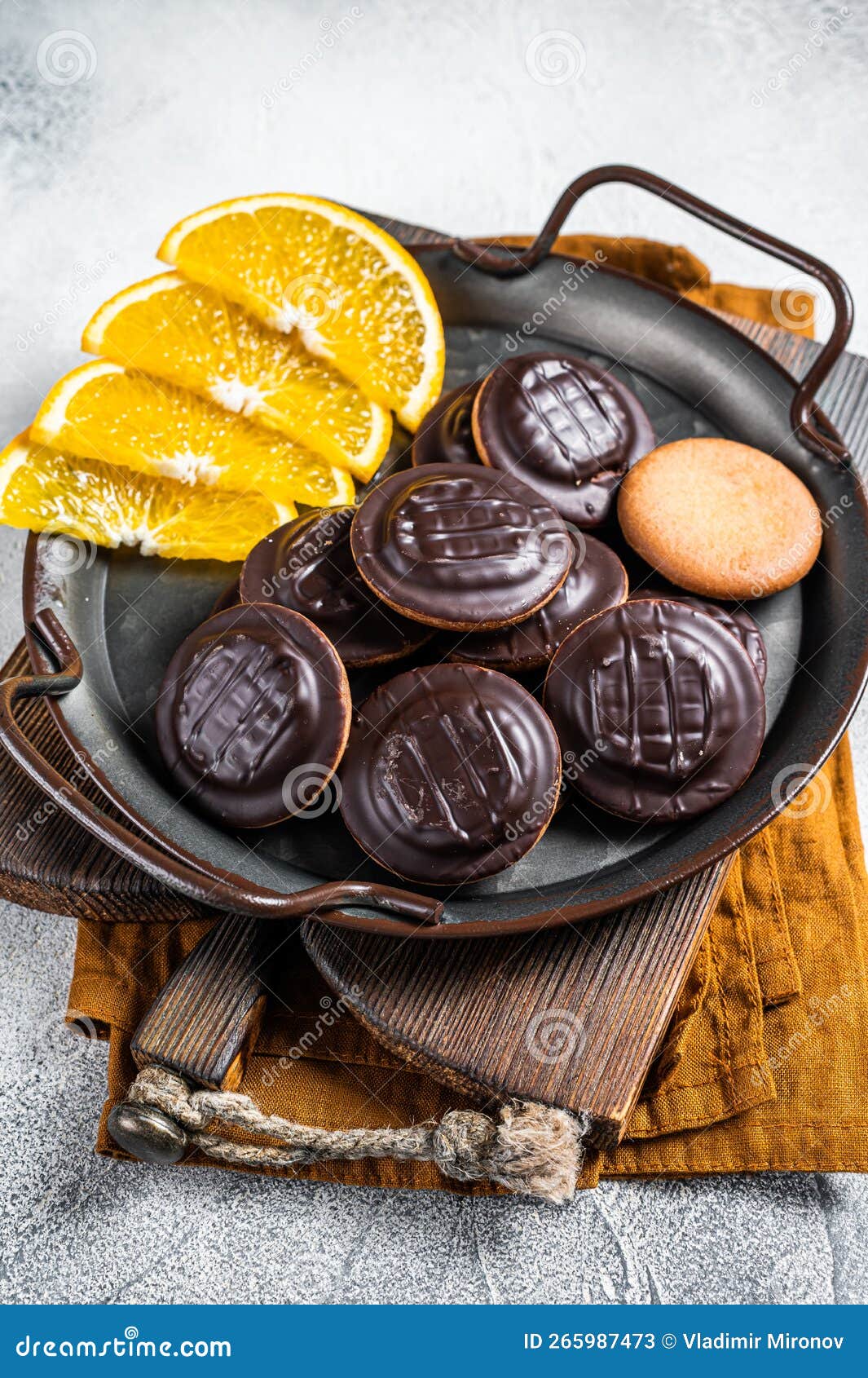 Orange Flavored Round Jaffa Cakes with Chocolate. White Background