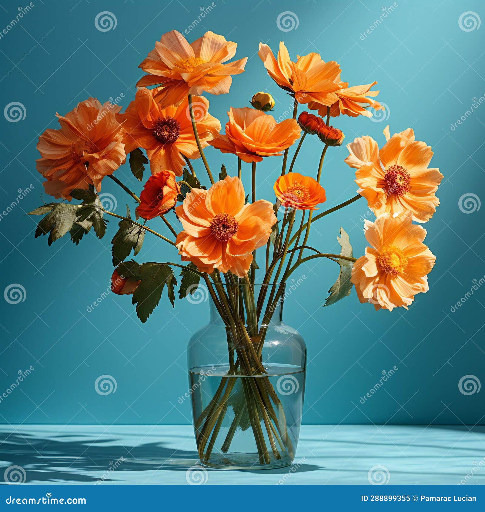 Orange Flowers in a Vase on a Blue Background. 3d Rendering Stock