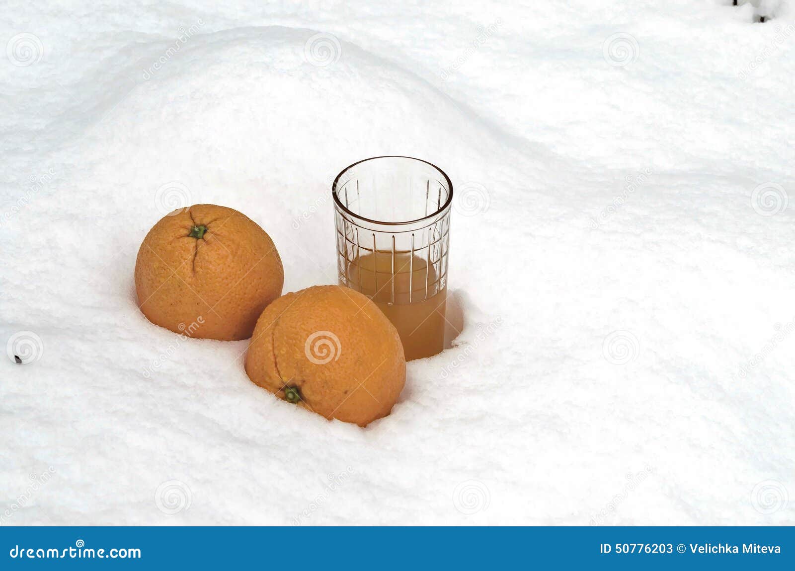 Orange Fruit and Orange Juice Refrigerate in the Snowdrift at Garden