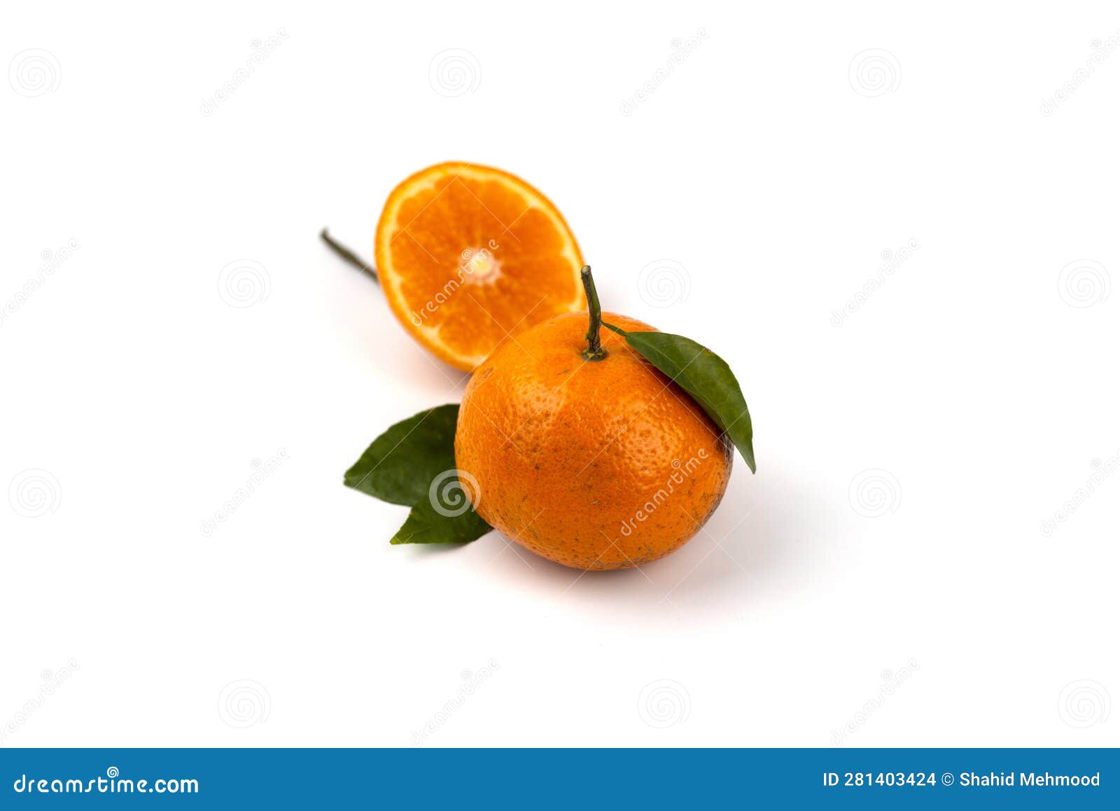 An Orange Fruit, Orange Slices, and Orange Leaves are Isolated on a White Background Stock Photo