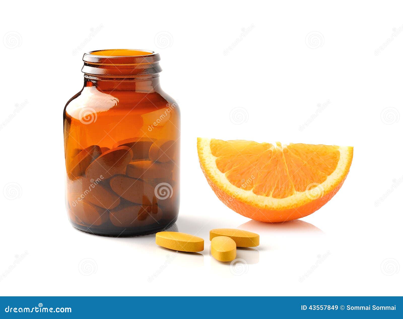 Orange Fruit with Vitamin C Tablet on White Background Stock Image