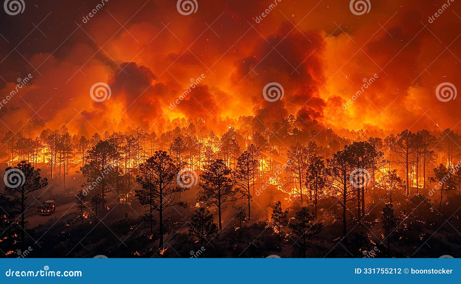 the orange glow of a forest fire lighting up the night sky. ai generated.