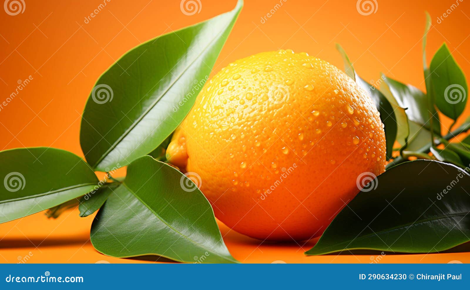 A Orange with a Green Leaf on Orange Background Stock Photo Image of