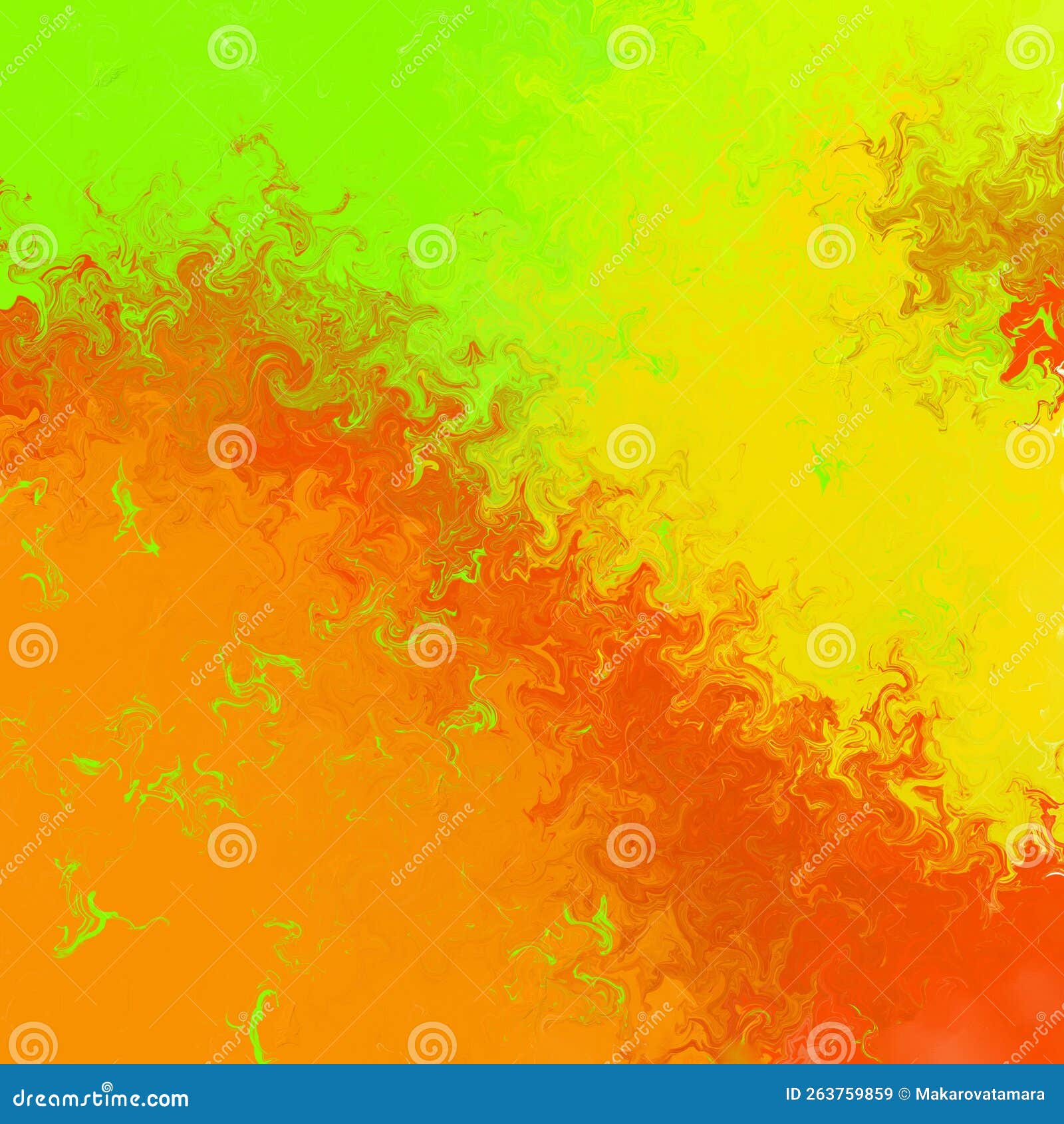Orange, Green and Yellow Colored Abstract Background. Distorted and Liquid Texture, Bright