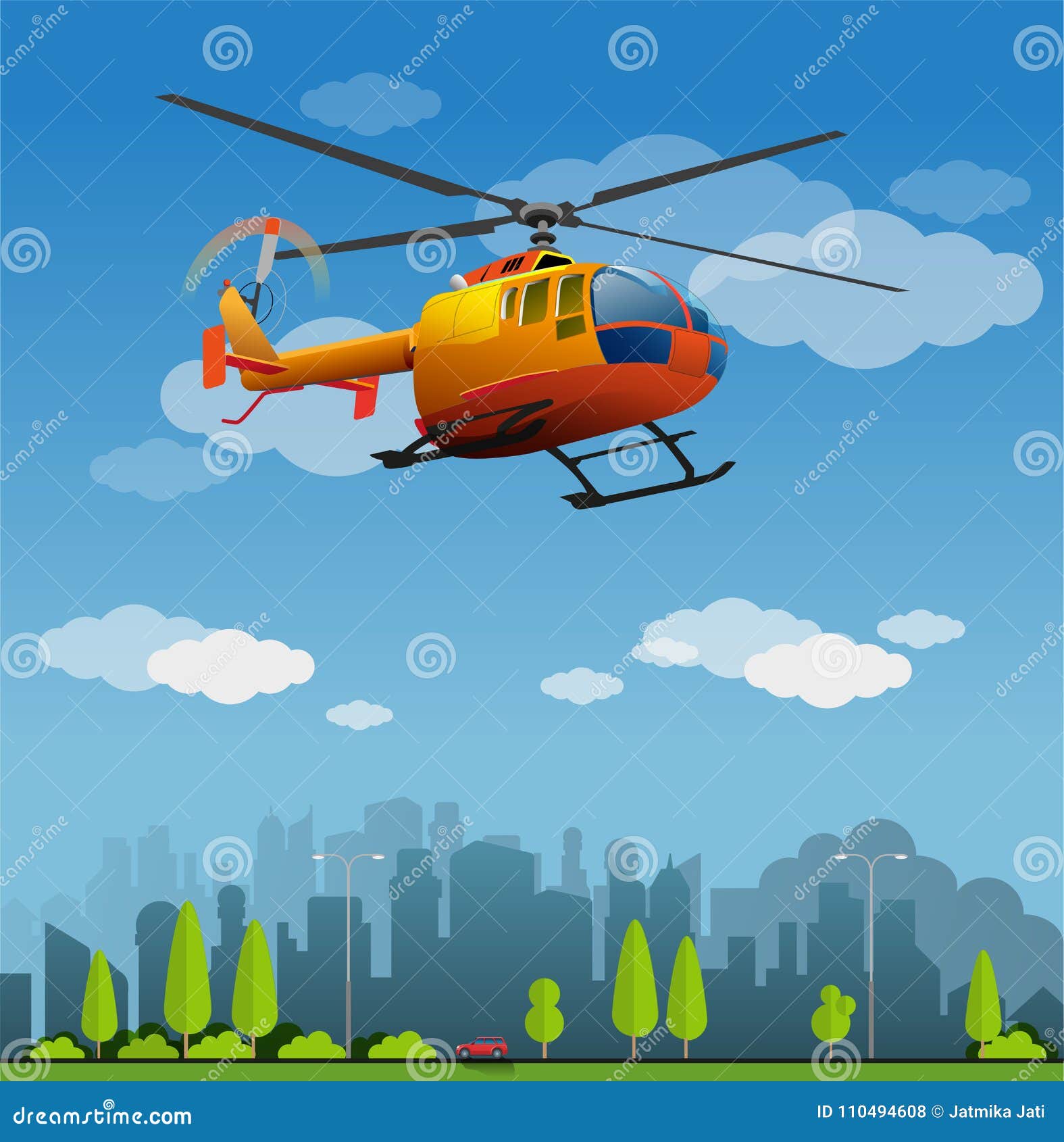 Orange Helicopter flight stock vector. Illustration of cityscape