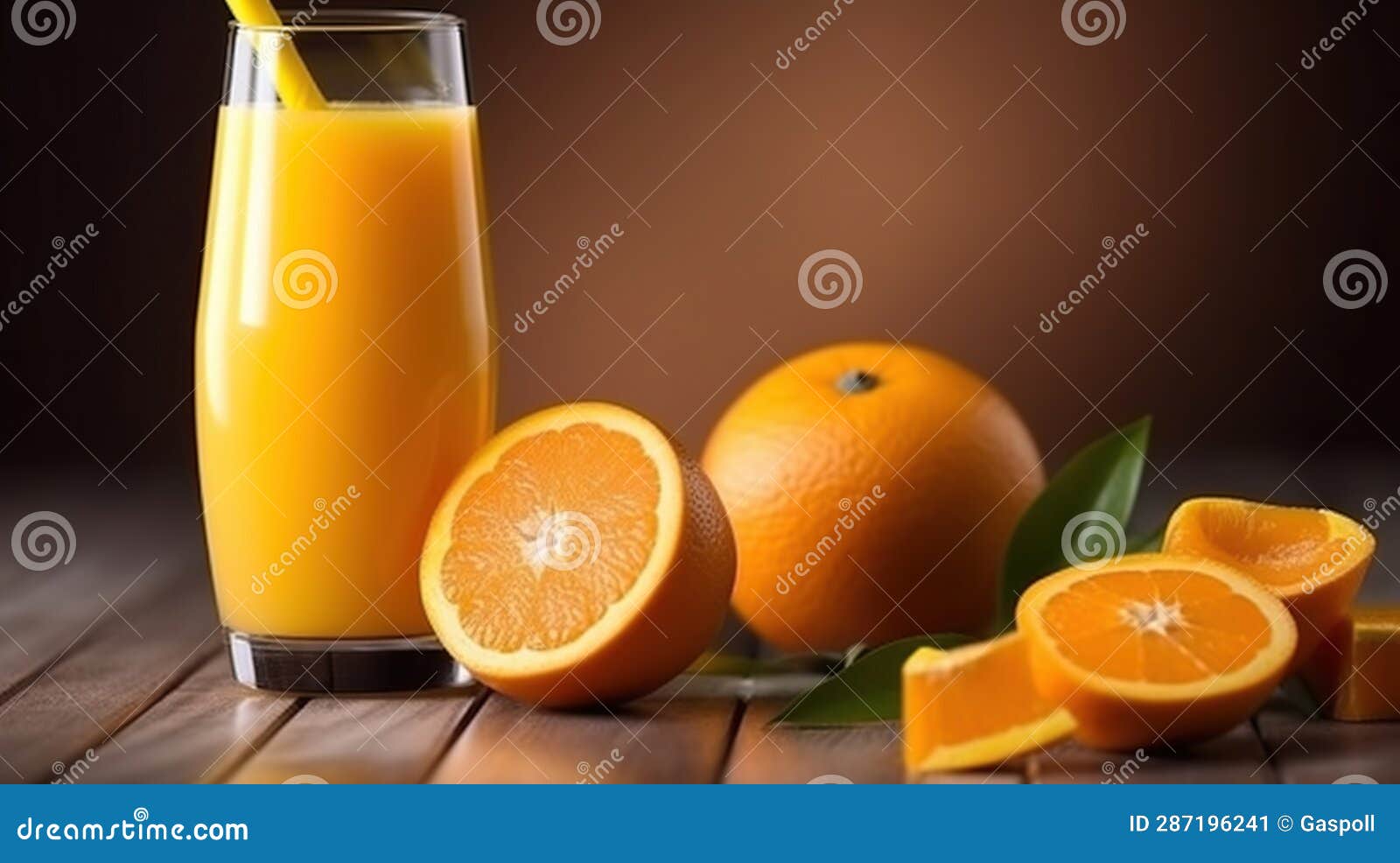 orange juice and fruit in harmonious composition on wooden table. generative ai