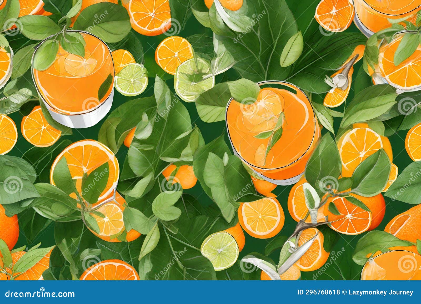 Orange Juice on Green Leaves and Oranges Stock Illustration
