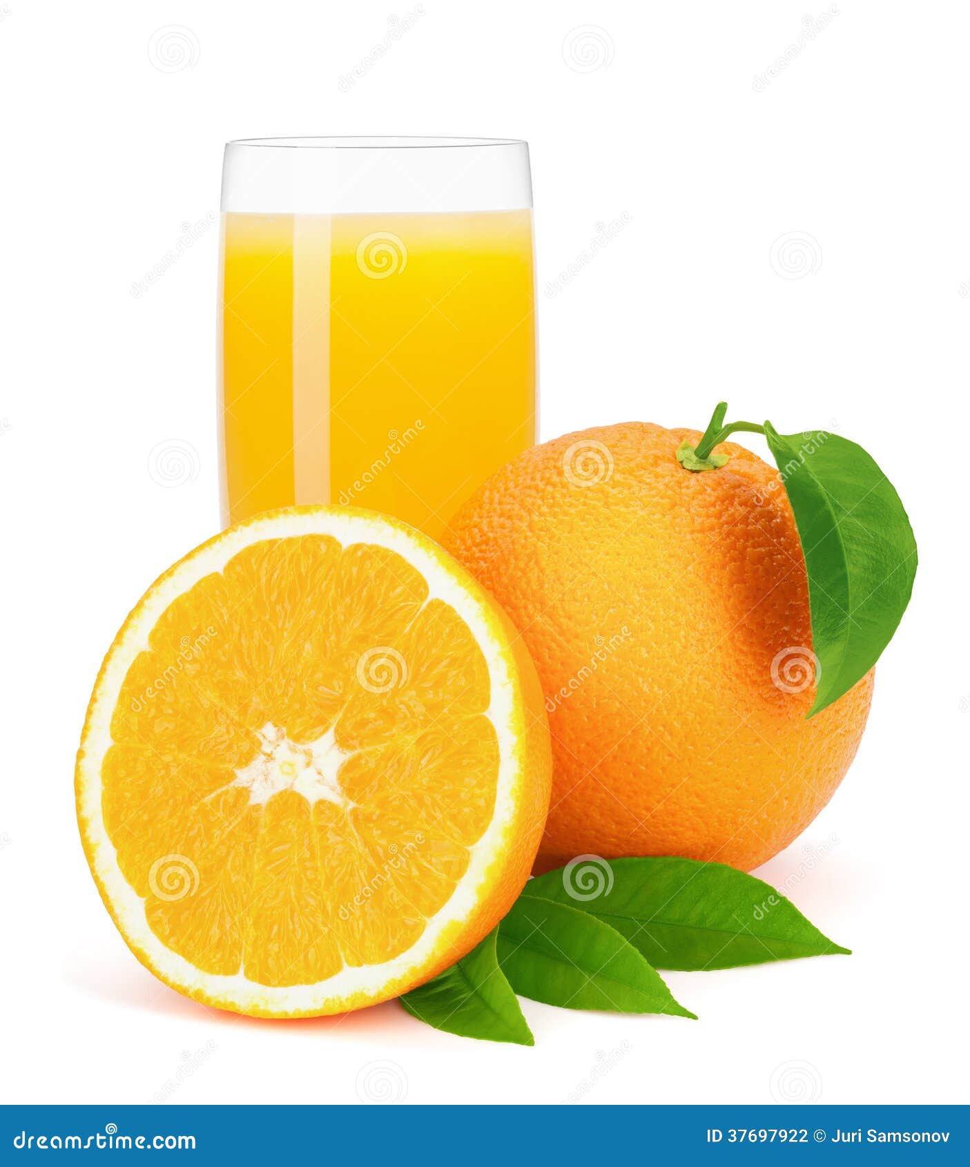Orange Juice and Oranges with Leaves. Stock Photo Image of studio