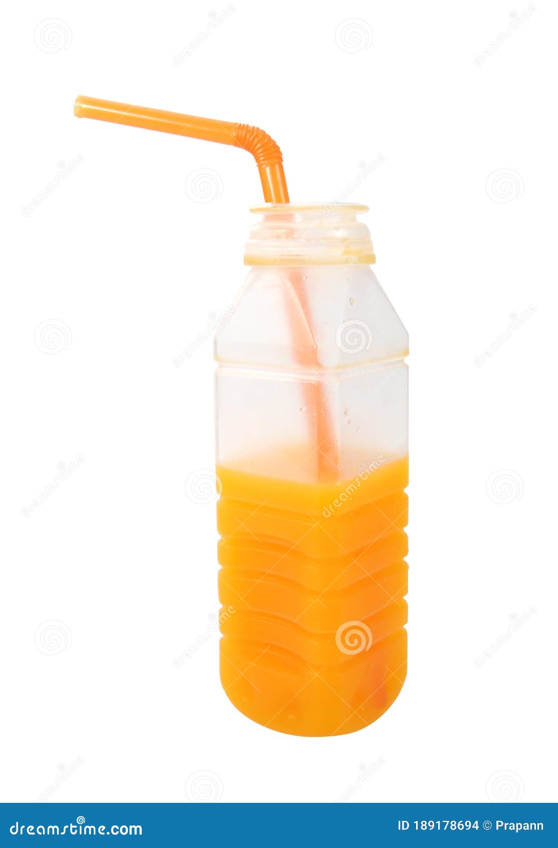 The Orange Juice in Plastic Half Bottle with a Straw on White