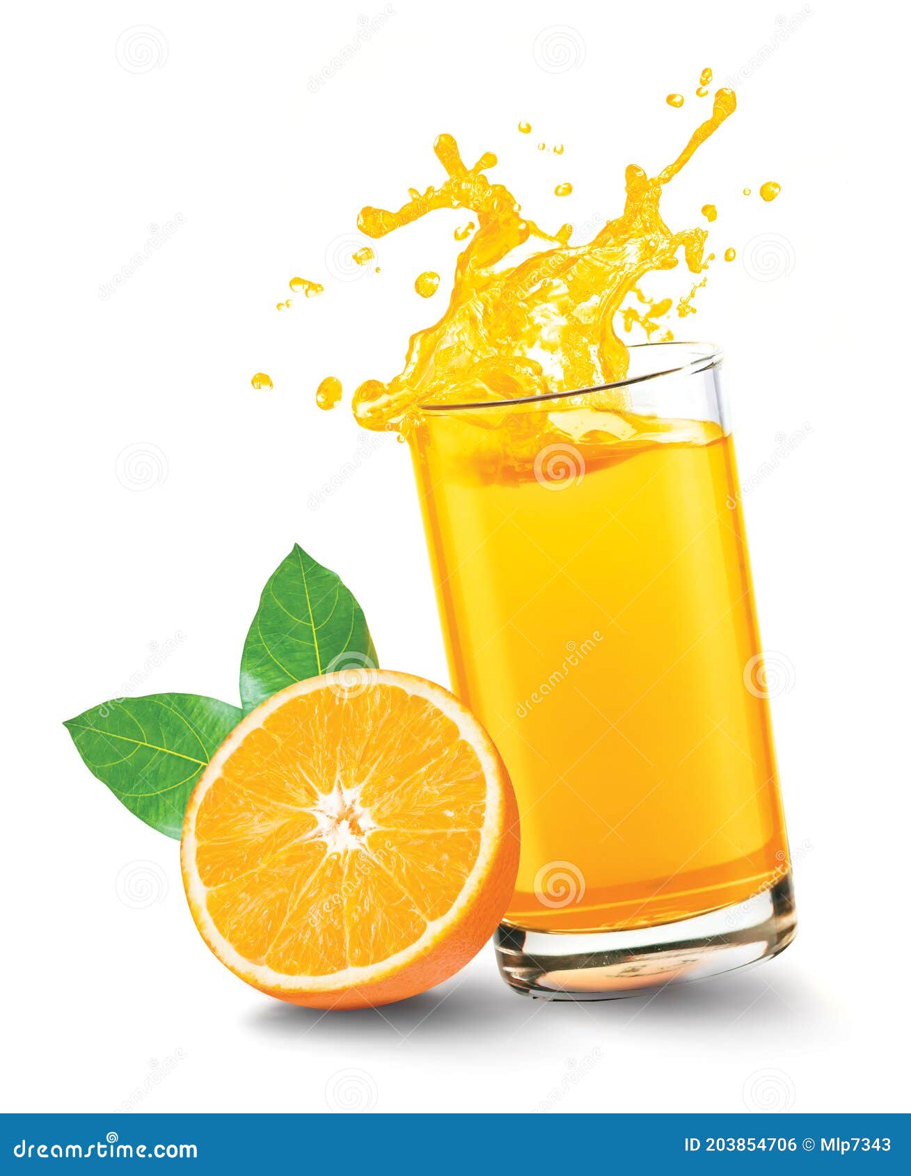 Orange Juice Splash Out of Glass with Orange Fruit on White Background