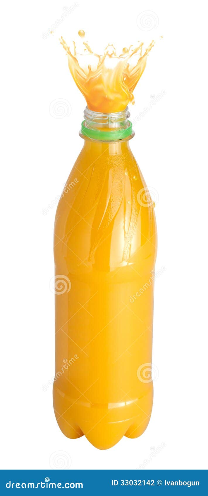 Orange Juice Splash from a Plastic Bottle. Isolated Stock Photo Image