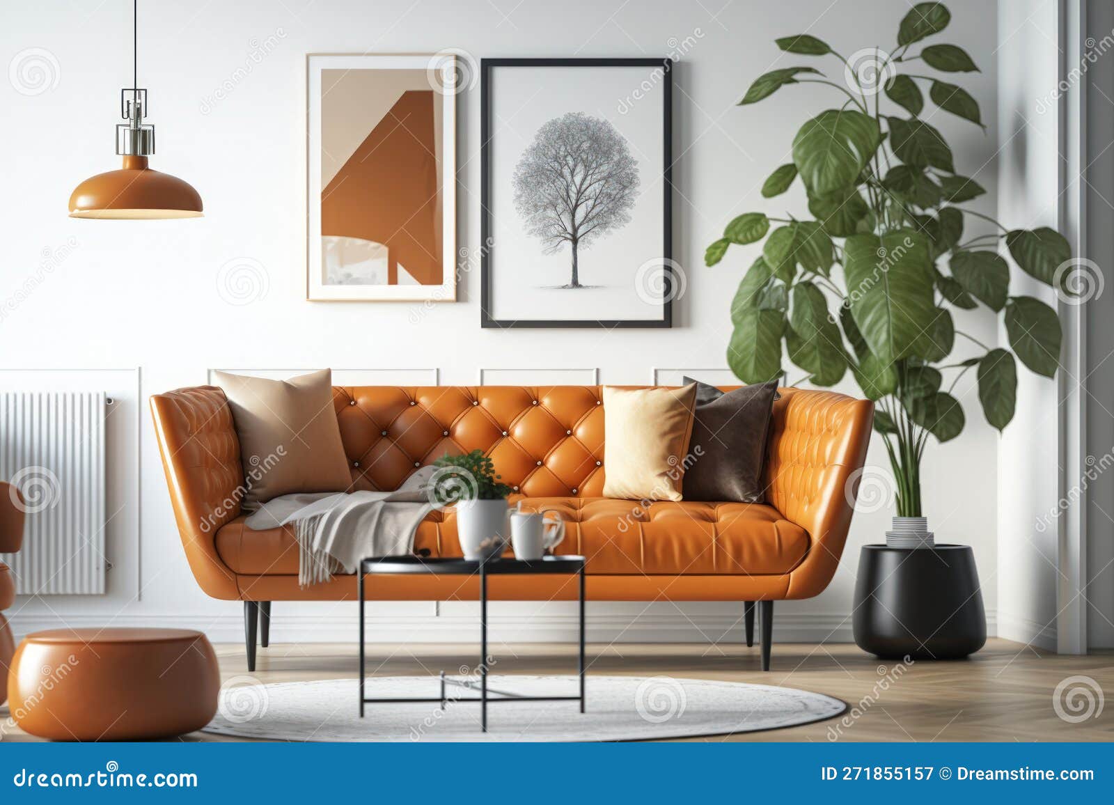 Orange Leather Sofa in a Living Room with White Walls and Simple Decor