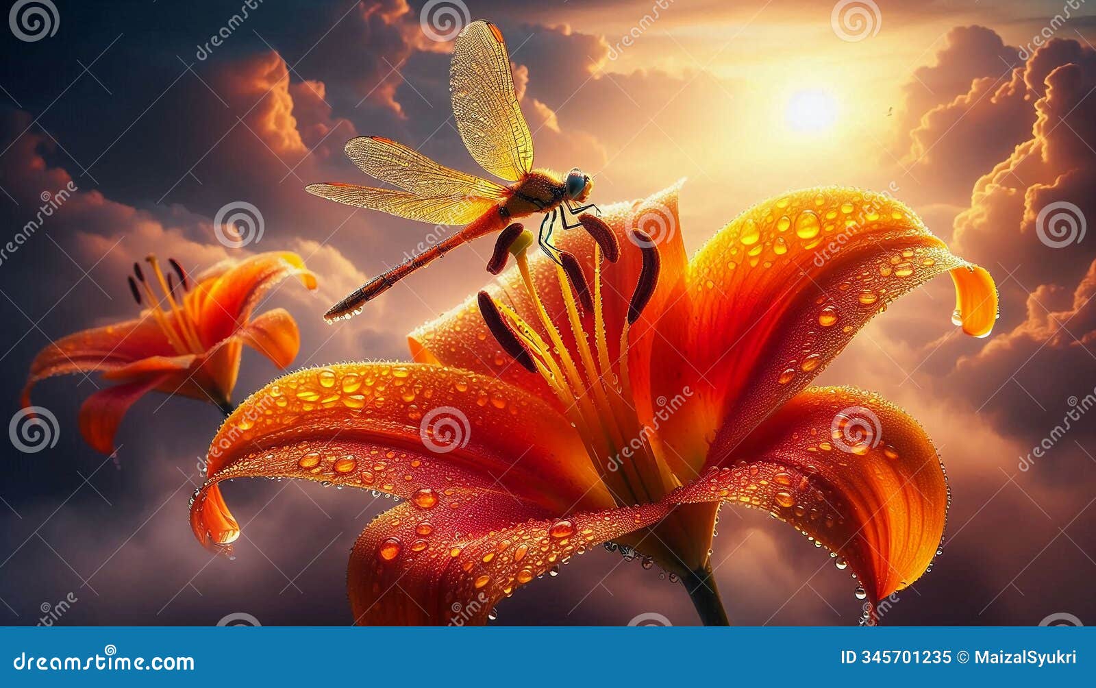 orange lily with dragonfly and dew in soft cloudy light