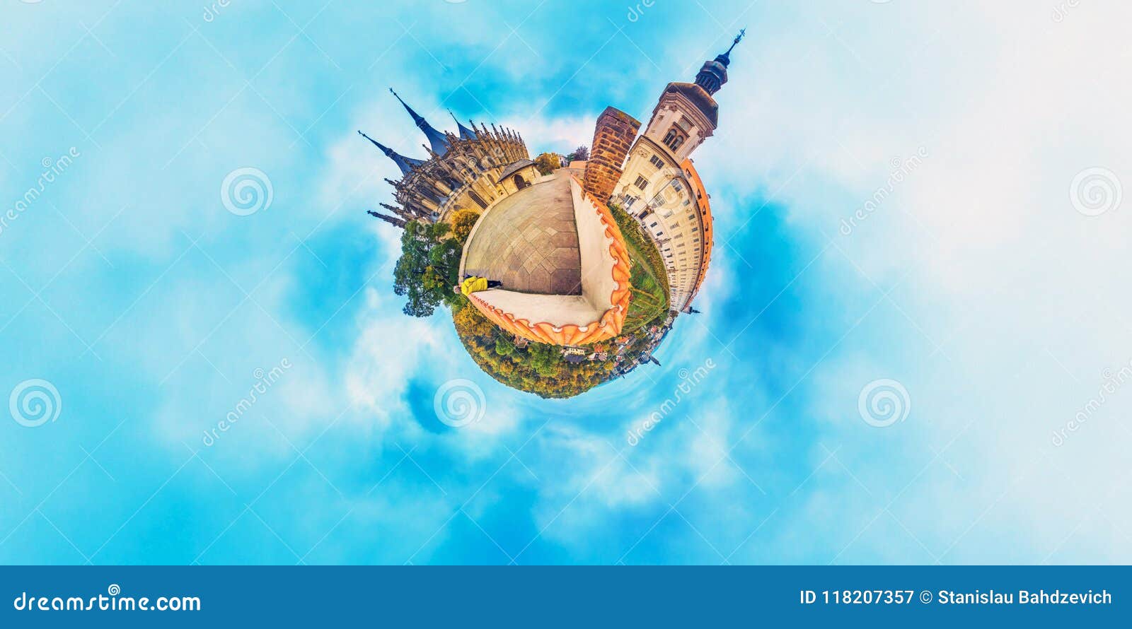orange little planet panorama with cathedrals and cyan sky. europe, czech, kutna gora.