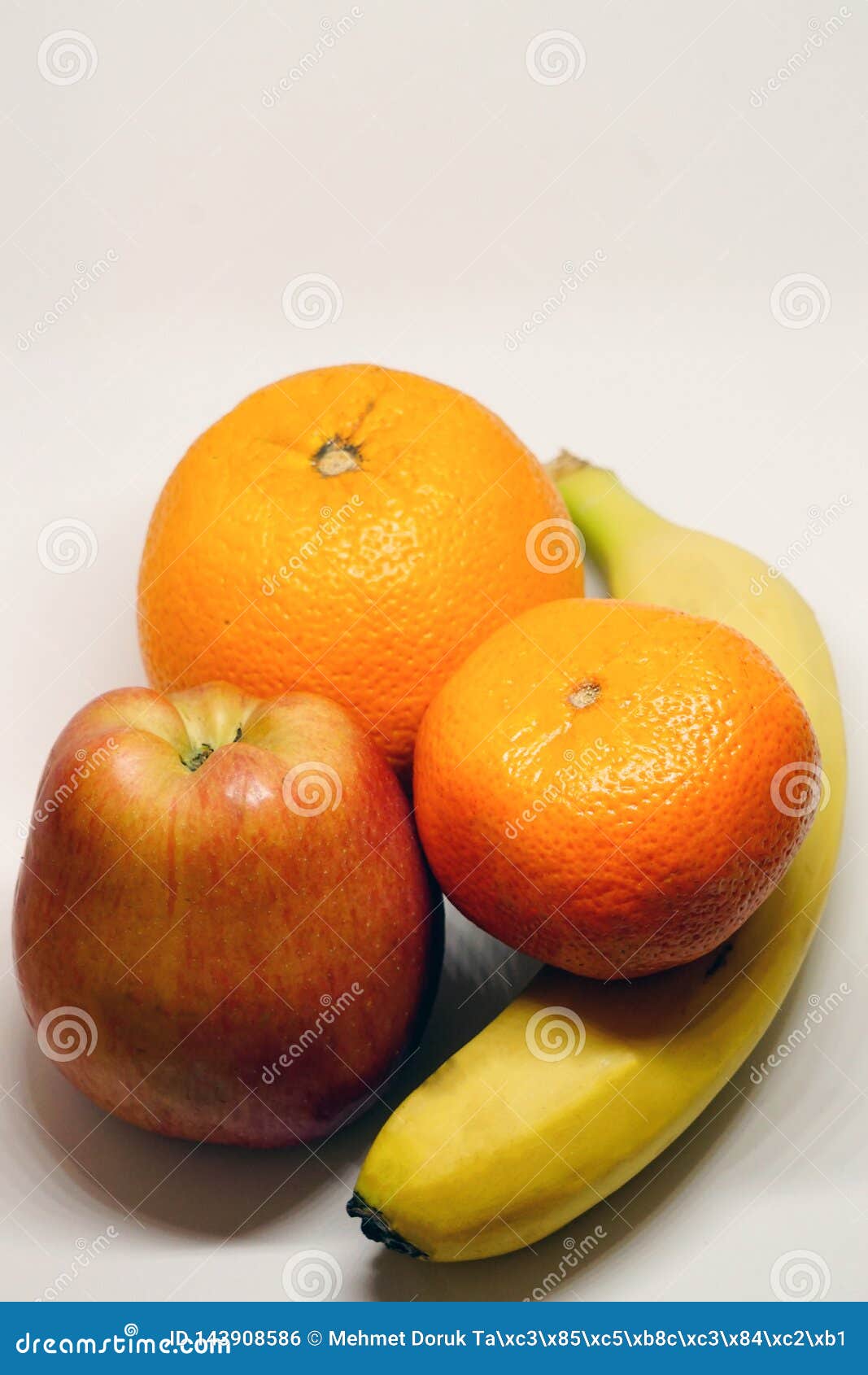 Orange Mandarin Banana and Apple on White Isolated Background Stock