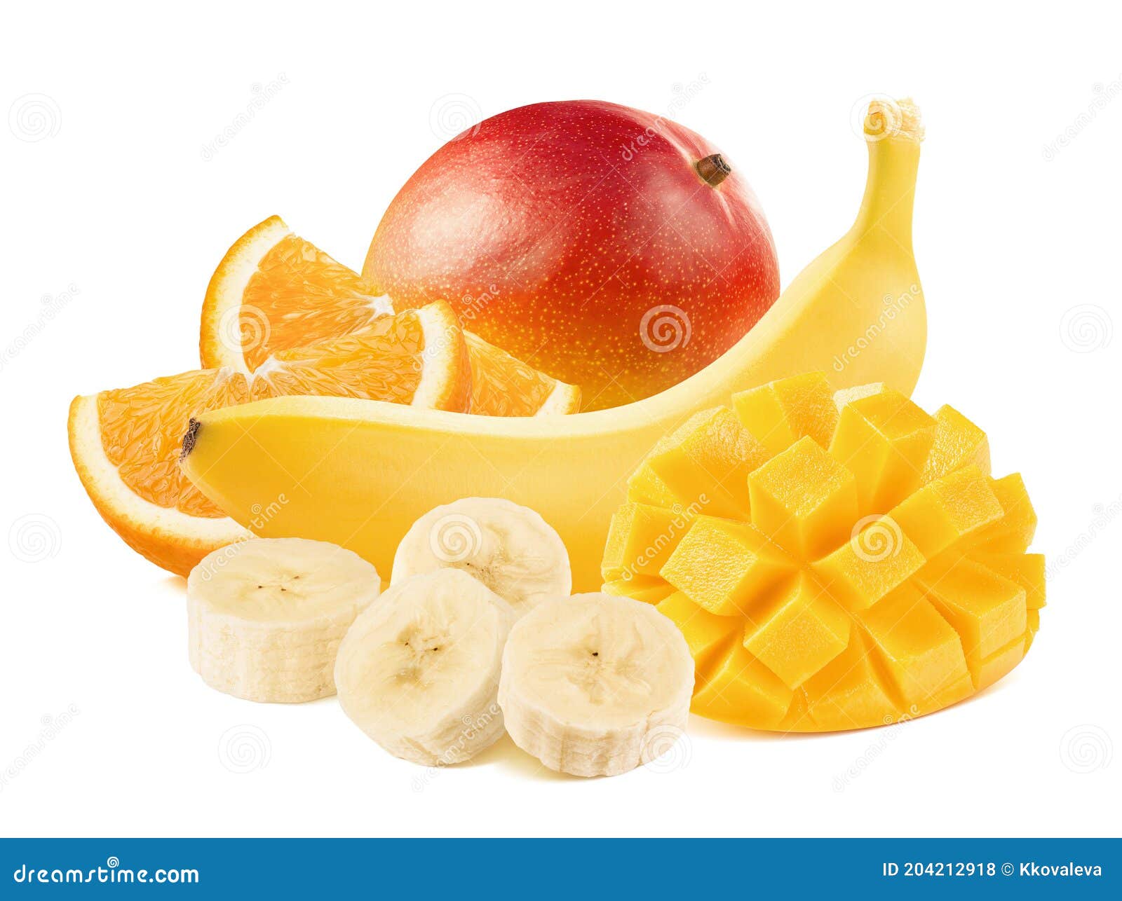Orange Mango Whole And Sliced Banana Isolated On White Background