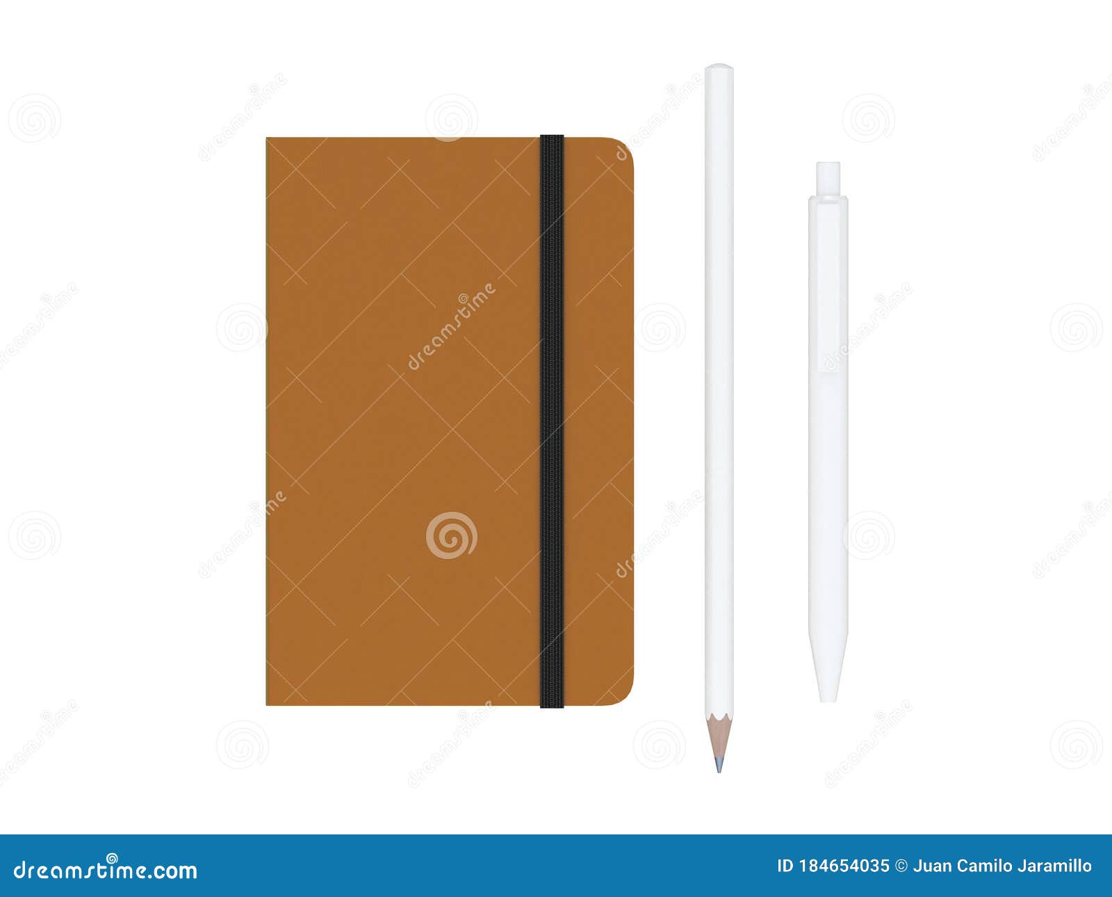 orange moleskine with pen and pencil and a black strap front or top view  on a white background 3d rendering