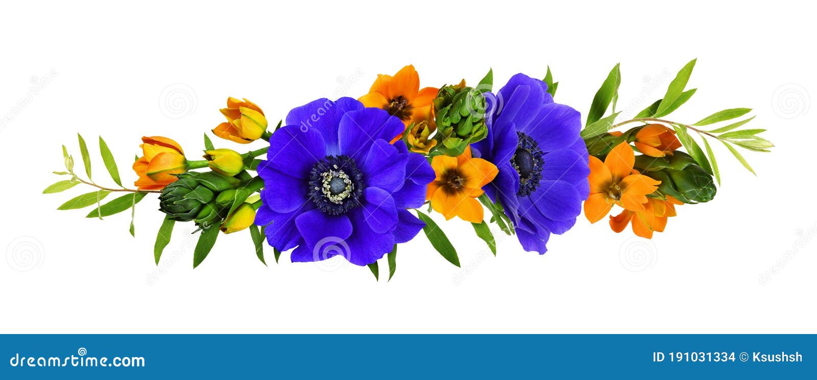 orange ornithogalum flowers and blue anemones in a floral arrangement