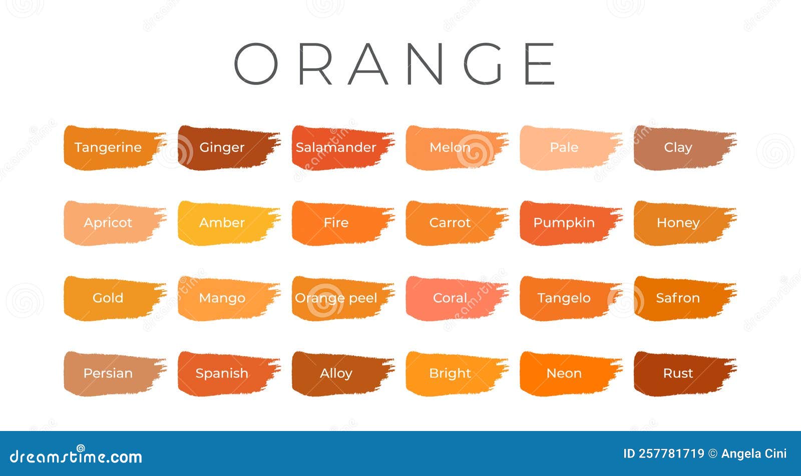 Orange Paint Color Swatches with Shade Names on Brush Strokes Stock
