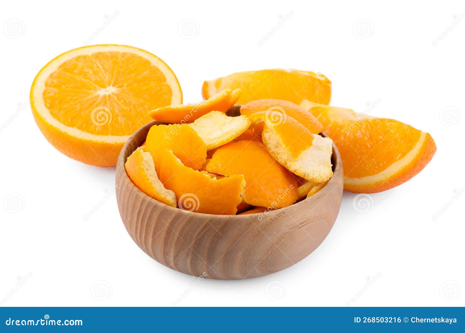 Orange Peels Preparing for Drying and Fresh Fruits Isolated on White