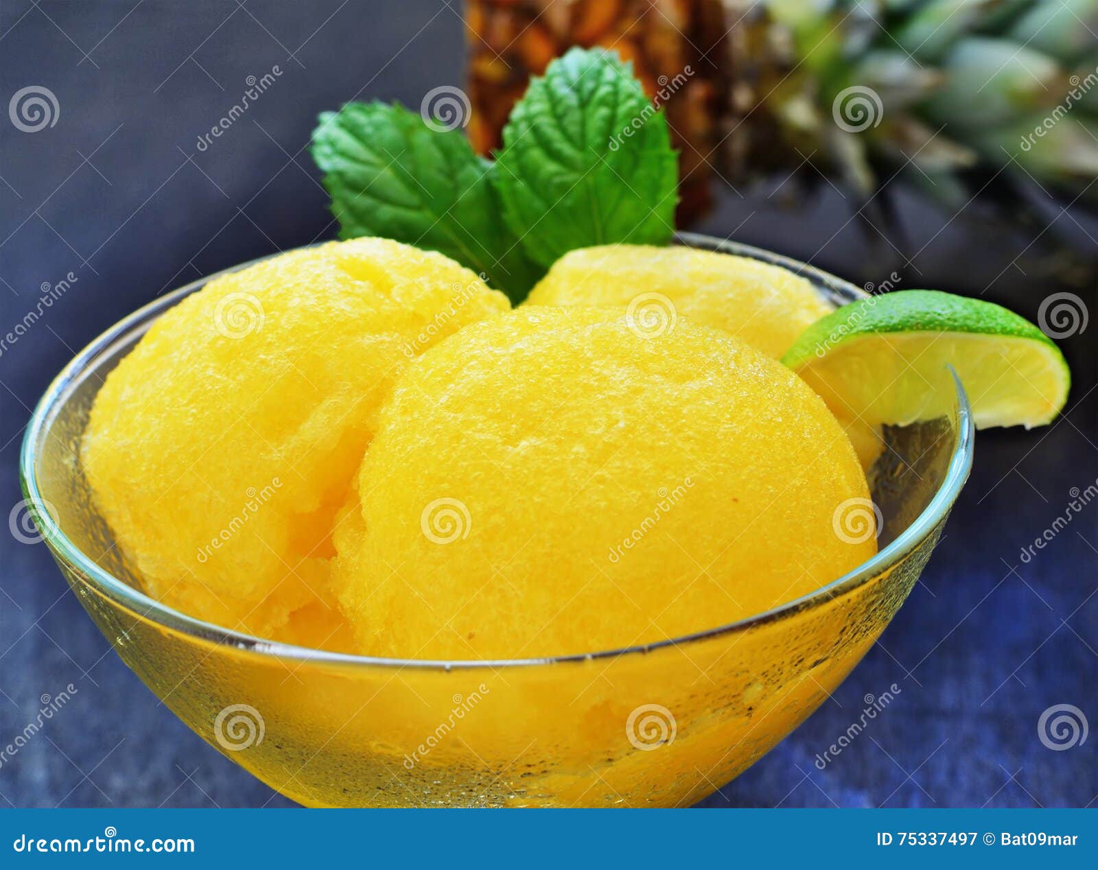 Orange Pineapple Sorbet Scoops with Lime in Bowl Stock Image Image of