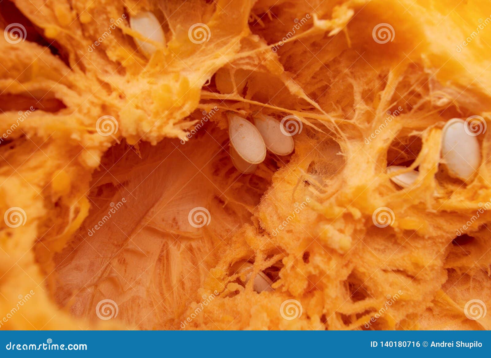 Orange Pulp with Seeds in a Pumpkin As Background Stock Photo Image
