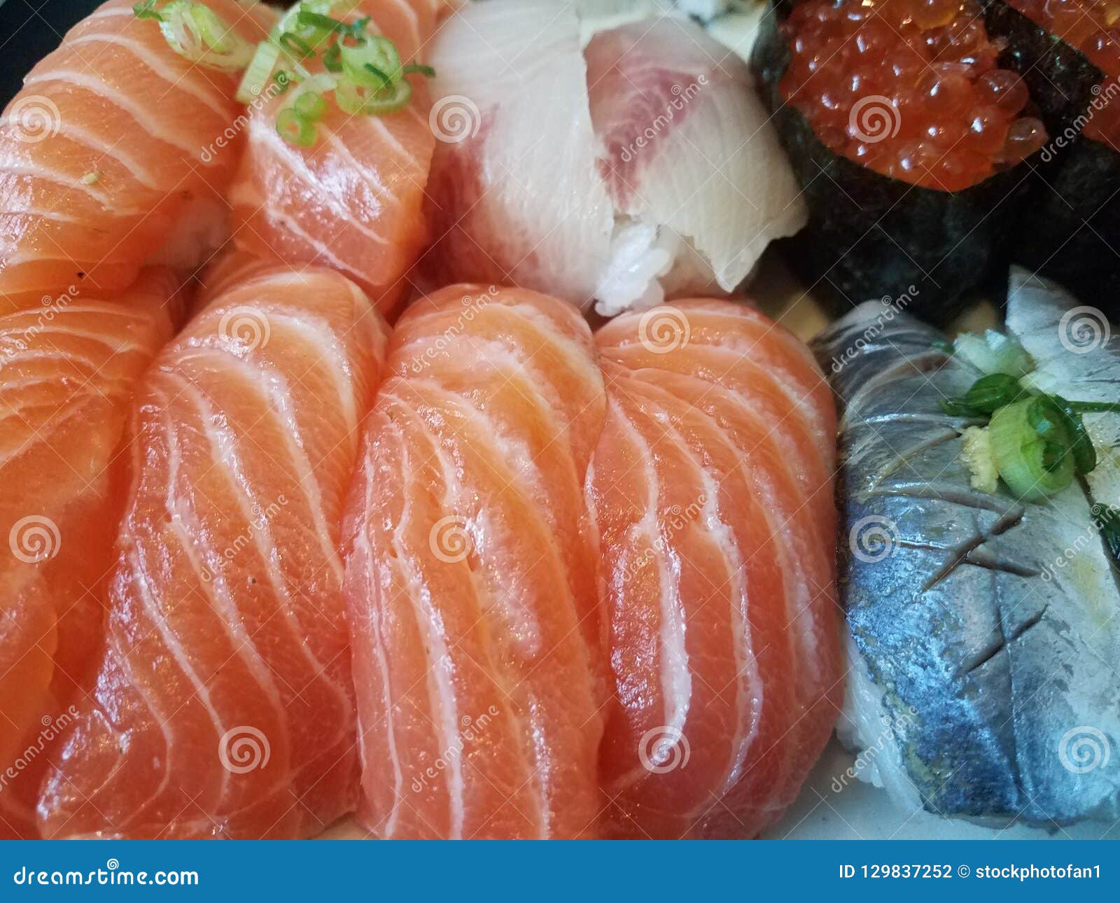 Orange Salmon Sushi and Salmon Eggs with Chives Stock Photo Image of