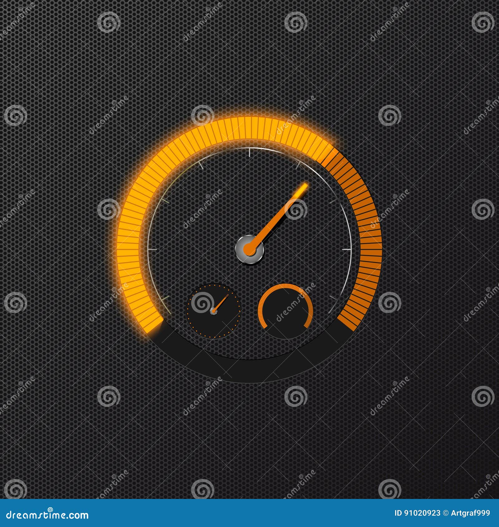 Orange speedometer on carbon background design element vector illustration