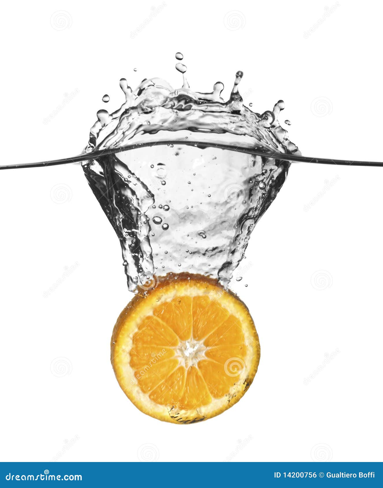 Orange splash in water stock photo. Image of freshness 14200756