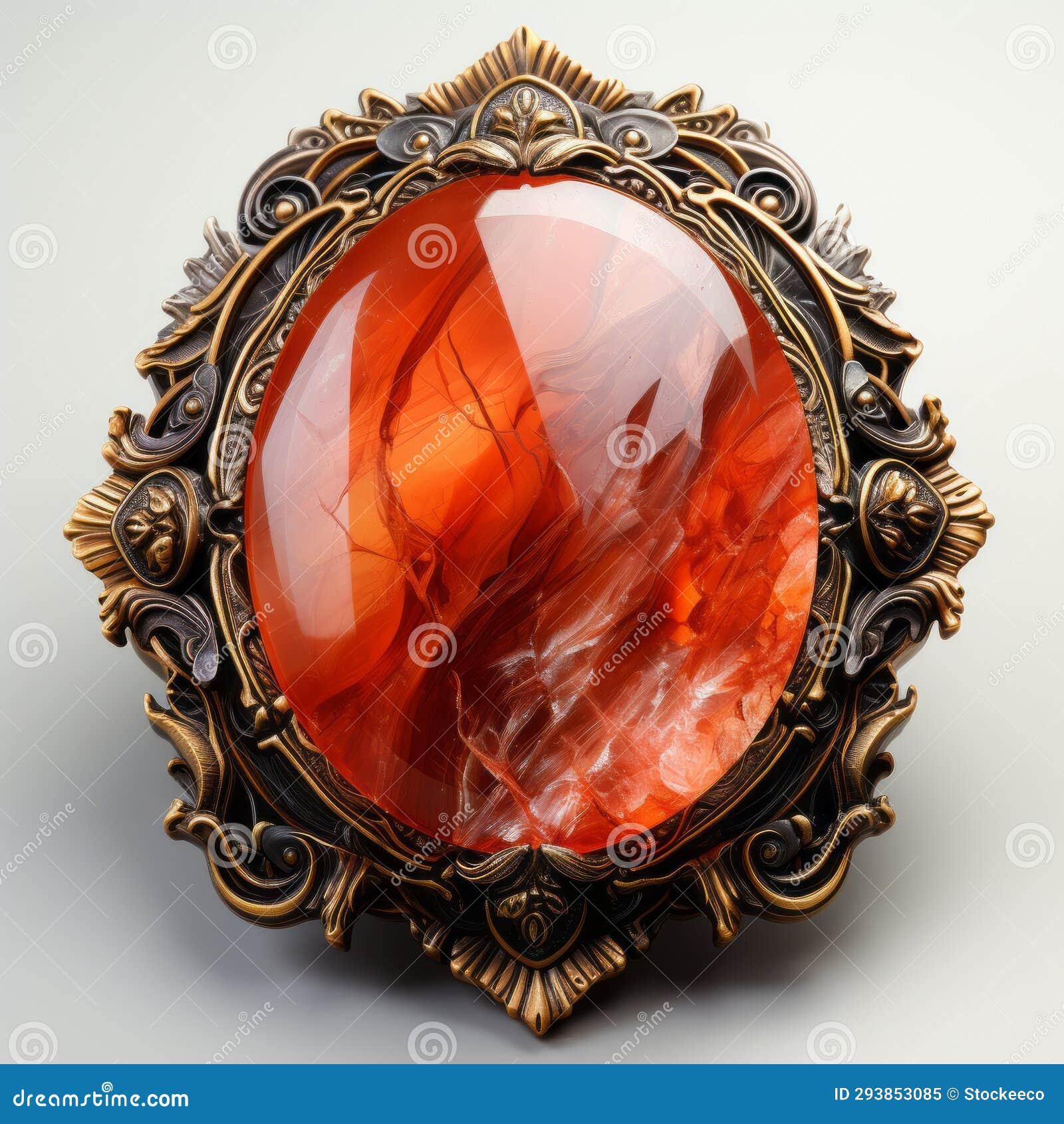 ornate wooden circular frame with red gemstone - hyperrealistic fantasy style