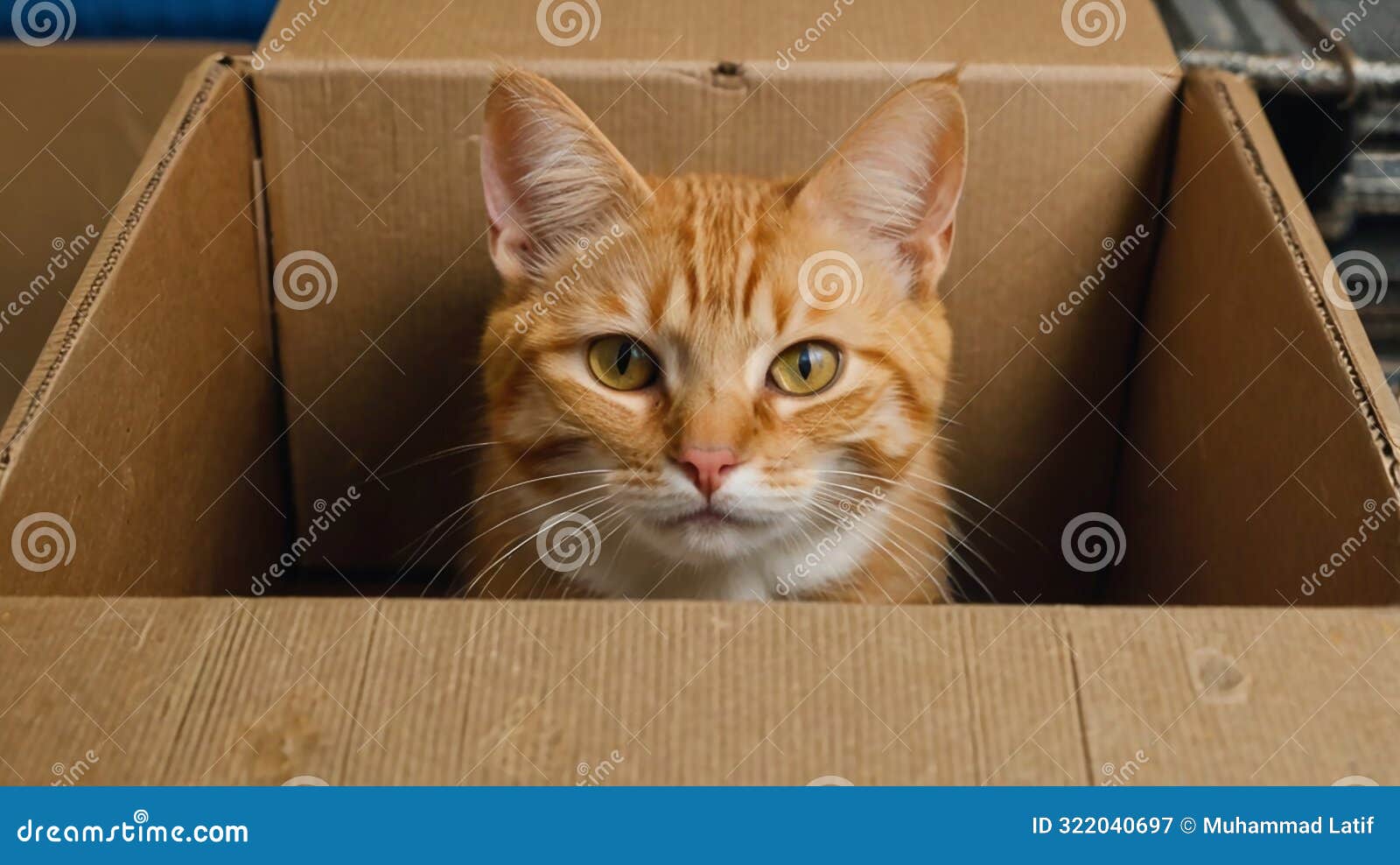 orange striped cat with a long tail was hiding in a cardboard box