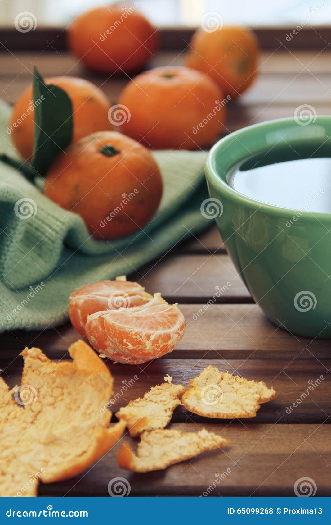 Orange Tangerine and Mandarin Slices, Green Cup of Tea Stock Photo