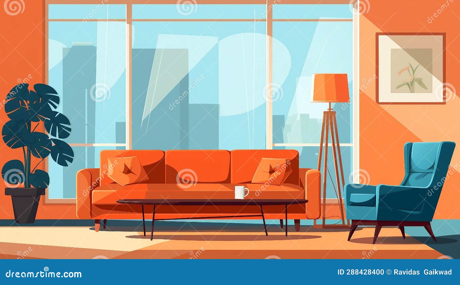 Orange Themed Living Room Interior Illustration AI Generated Stock