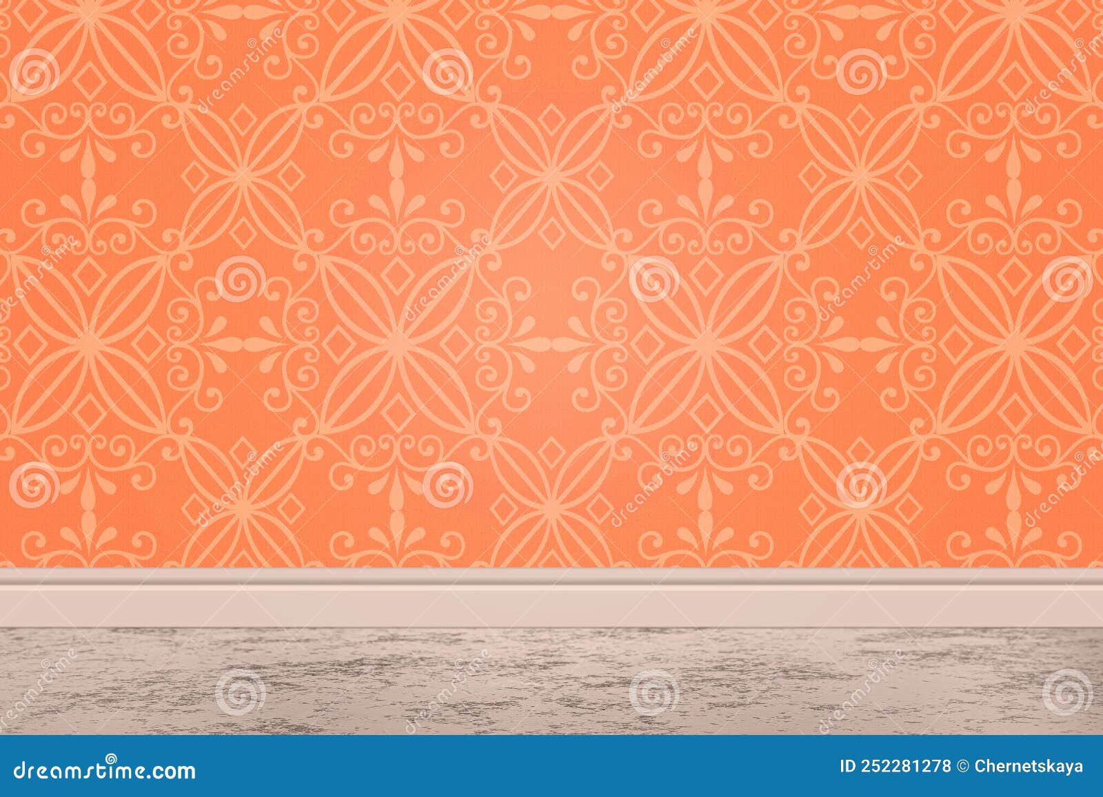 Orange Wallpaper with Pattern and Light Grey Floor in Room Stock Photo